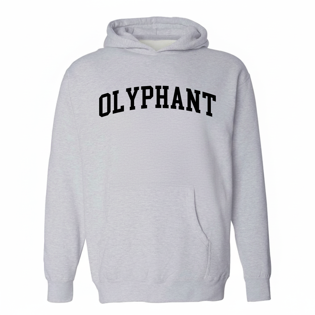 Heather-gray hoodie with the Olyphant varsity arched lettering design on the chest.