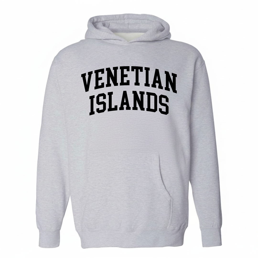 Heather-gray hoodie with the Venetian Islands varsity arched lettering design on the chest.