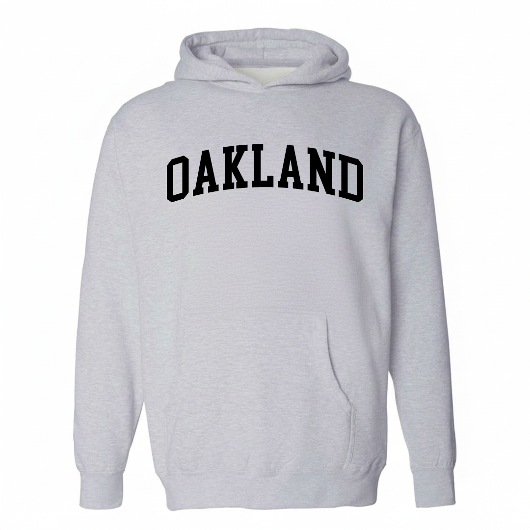 Heather-gray hoodie with the Oakland Pittsburgh varsity arched lettering design on the chest.