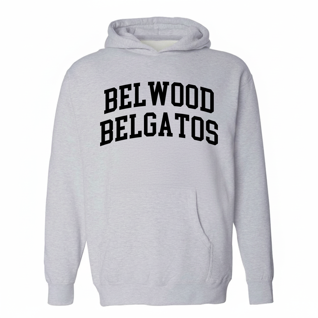 Heather-gray hoodie with the Belwood-Belgatos arched lettering design on the chest.