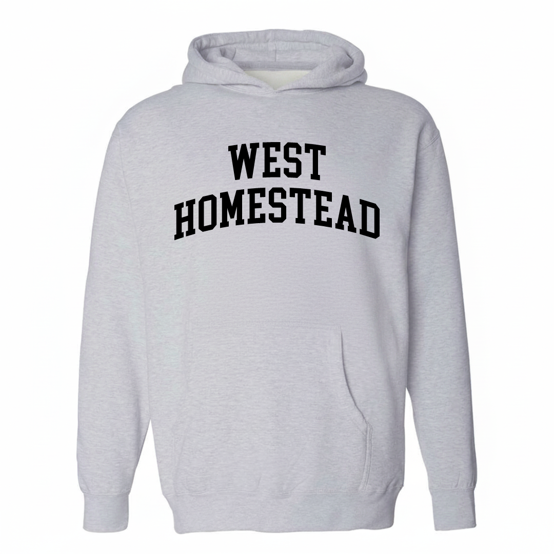 Heather-gray hoodie with the West Homestead varsity arched lettering design on the chest.