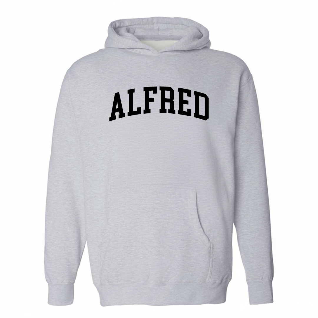 Heather-gray hoodie with the Alfred, Maine varsity arched lettering design on the chest.