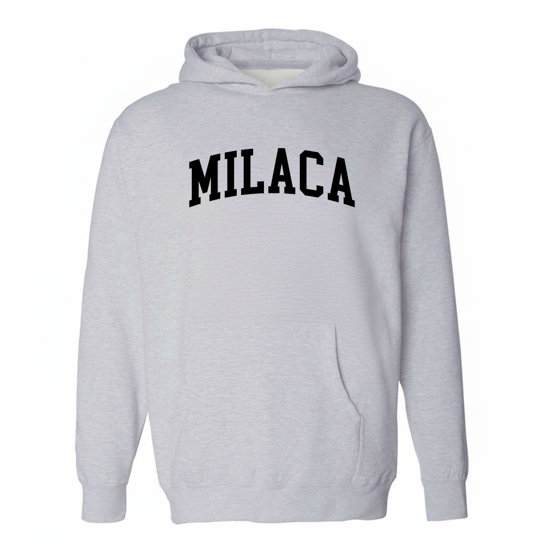 Heather-gray hoodie with the Milaca varsity arched lettering design on the chest.