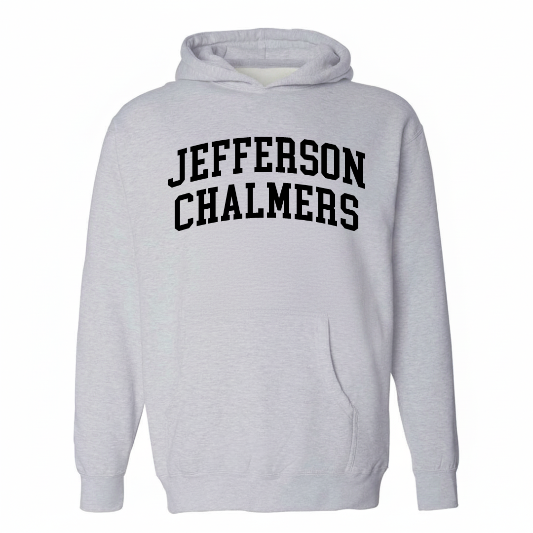 Heather-gray hoodie with the Jefferson-Chalmers varsity arched lettering design on the chest.