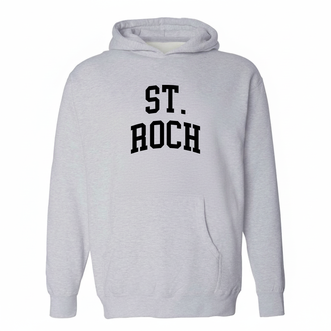 Heather-gray hoodie with the St. Roch varsity arched lettering design on the chest.