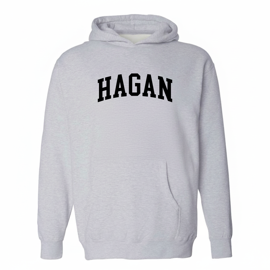 Heather-gray hoodie with the Hagan arched lettering varsity-collegiate design on the chest.