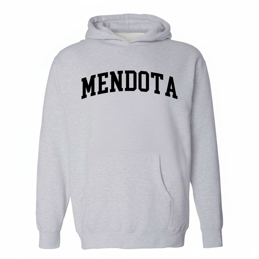 Heather-gray hoodie with the Mendota varsity arched lettering design on the chest.