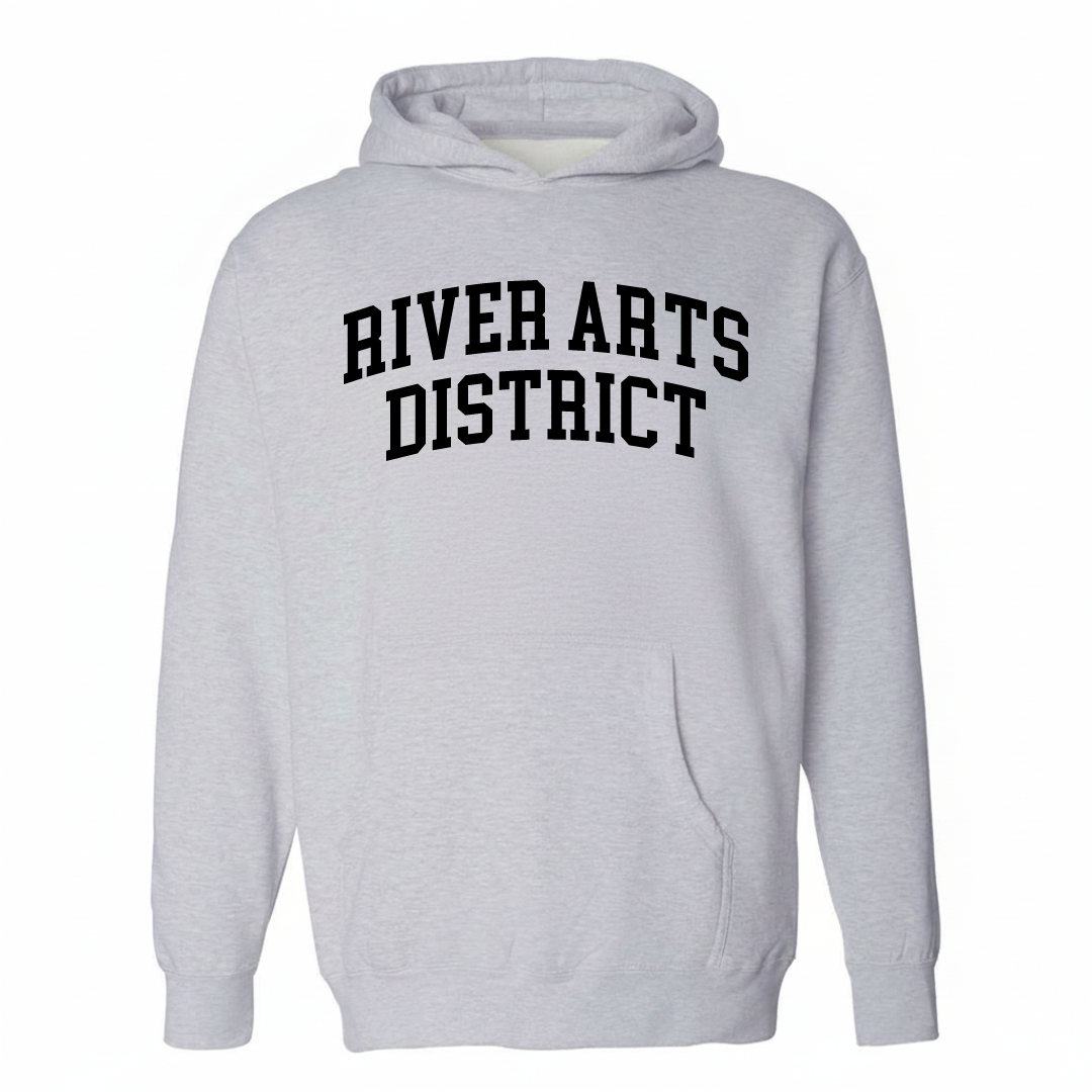 Heather-gray hoodie with the River Arts District varsity arched lettering design on the chest.