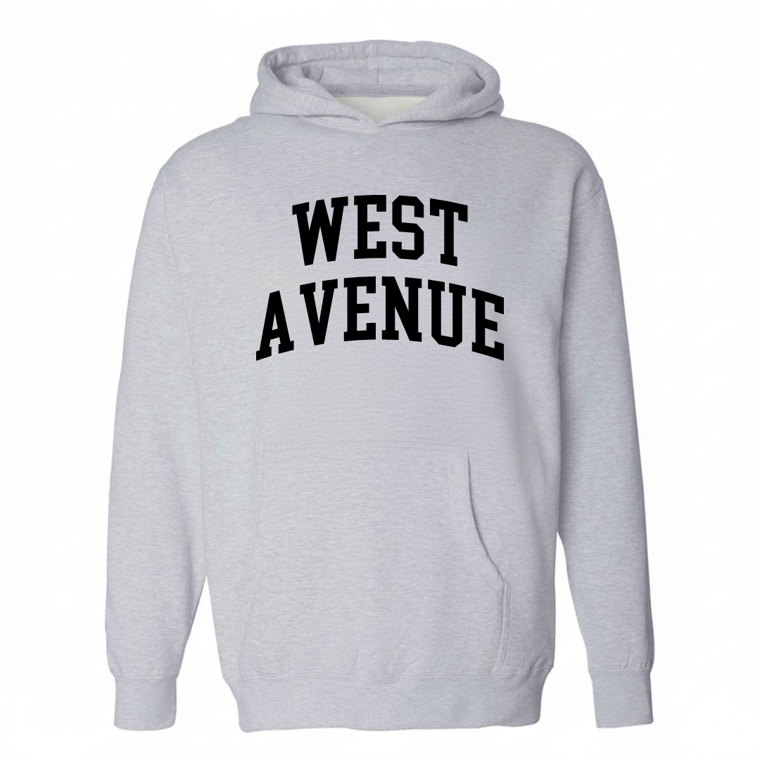 Heather-gray hoodie with the West Avenue varsity arched lettering design on the chest.