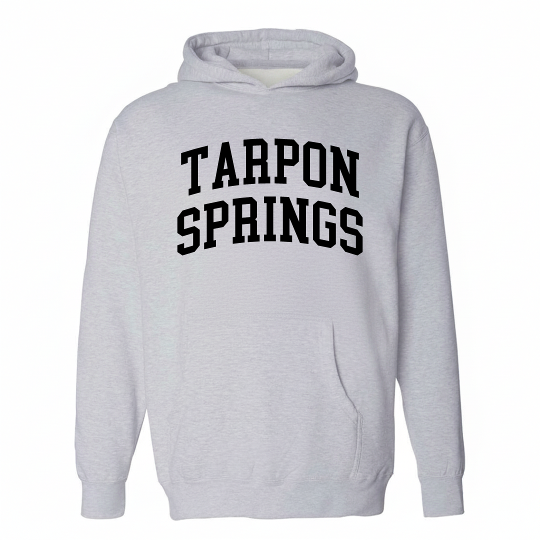Heather-gray hoodie with the Tarpon Springs varsity arched lettering design on the chest.