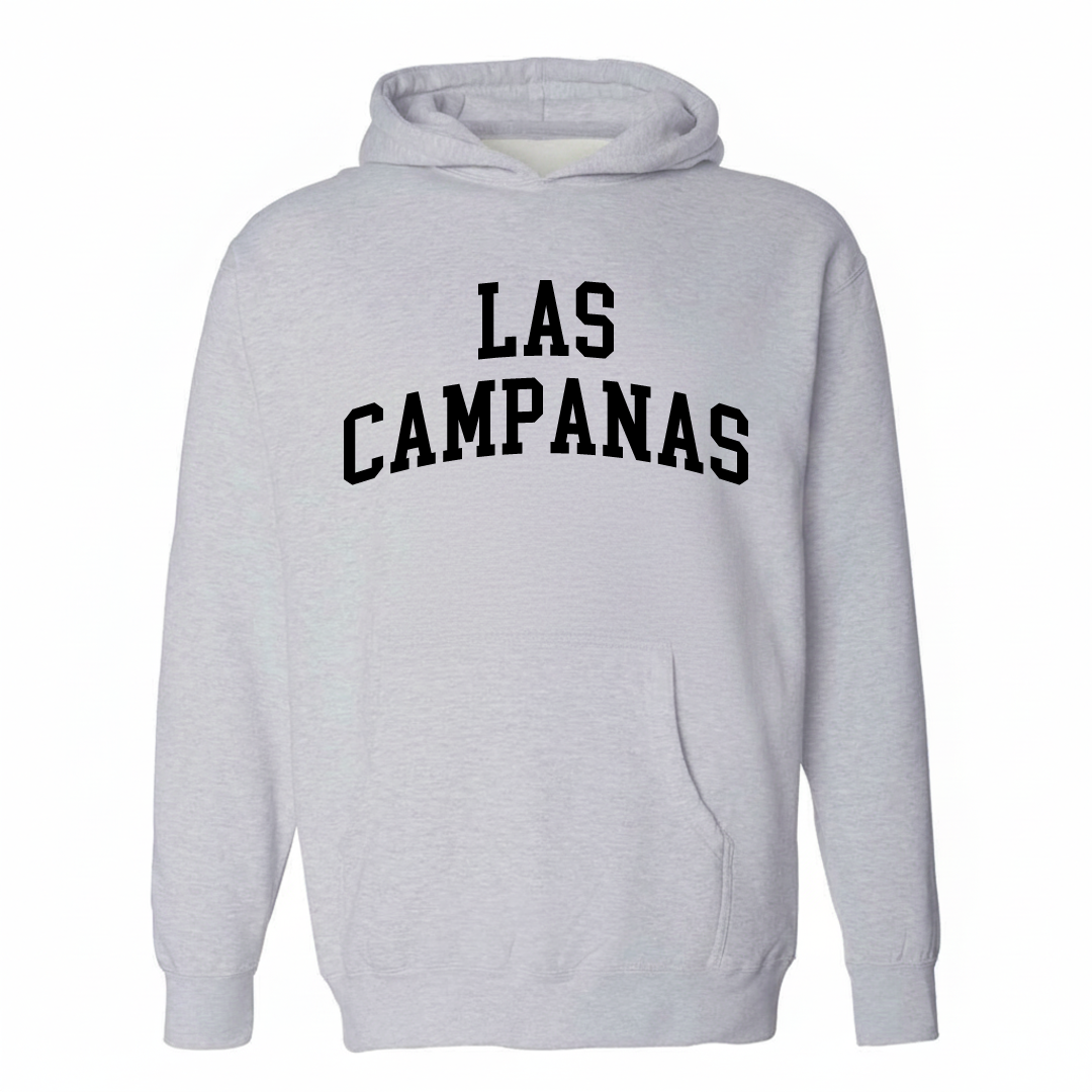 Heather-gray hoodie with the Las Campanas varsity arched lettering design on the chest.