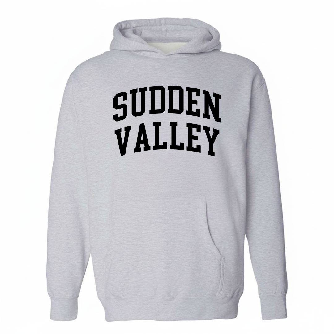 Heather-gray hoodie with the Sudden Valley varsity arched lettering design on the chest.
