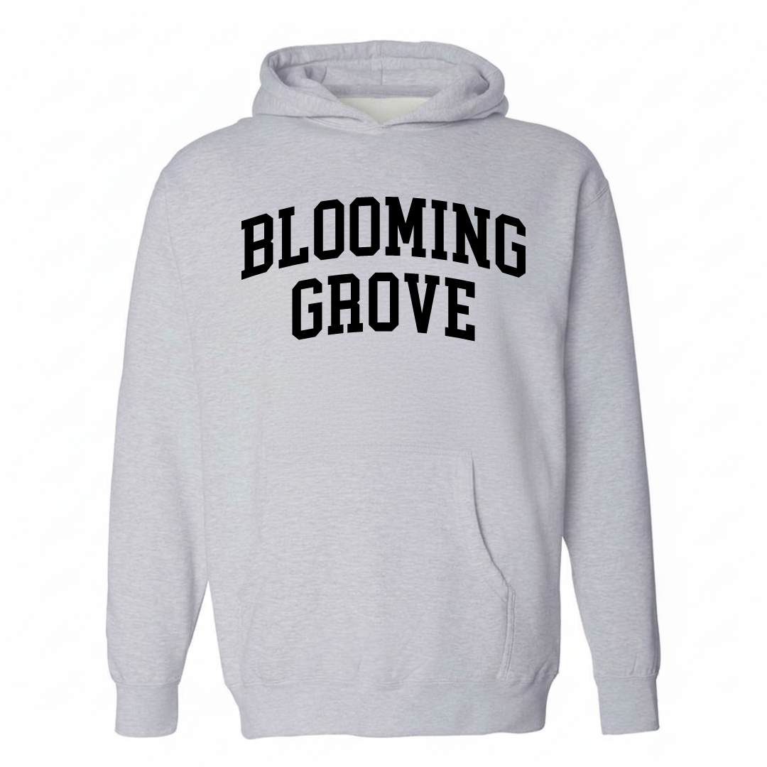 Heather-gray hoodie with the Blooming Grove varsity arched lettering design on the chest.