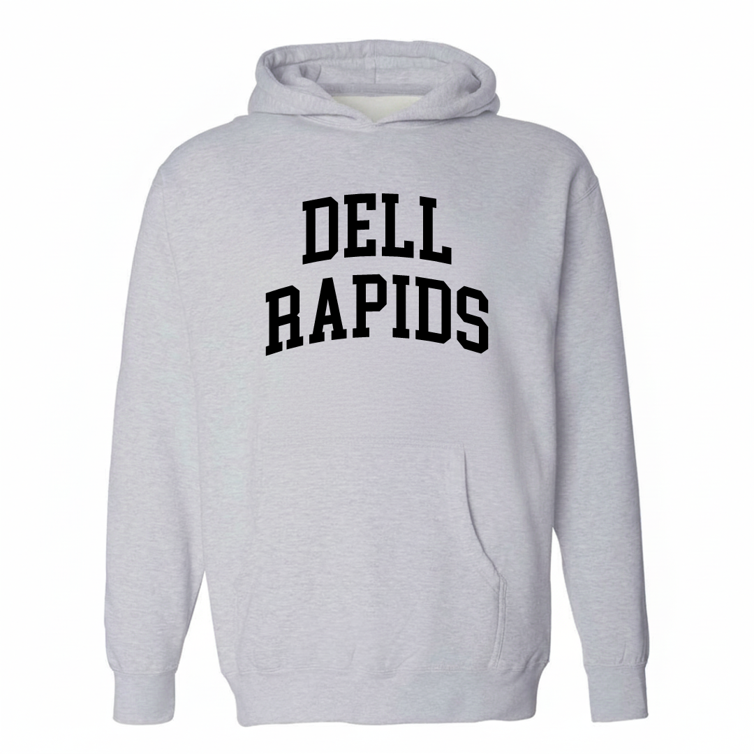 Heather-gray hoodie with the Dell Rapids arched varsity lettering design on the chest.