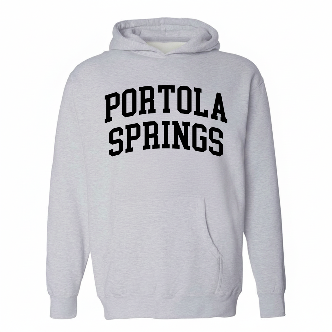 Heather-gray hoodie with the Portola Springs varsity arched lettering design on the chest.