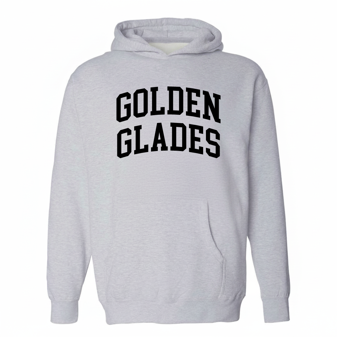 Heather-gray hoodie with the Golden Glades varsity arched lettering design on the chest.