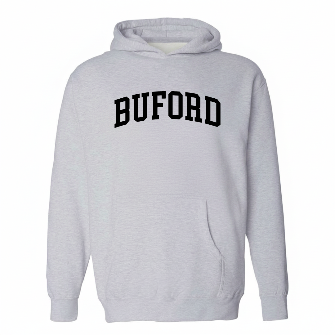 Heather-gray hoodie with the Buford arched lettering varsity-collegiate design on the chest.