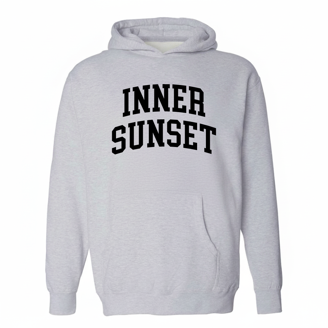 Heather-gray hoodie with the Inner Sunset varsity arched lettering design on the chest.