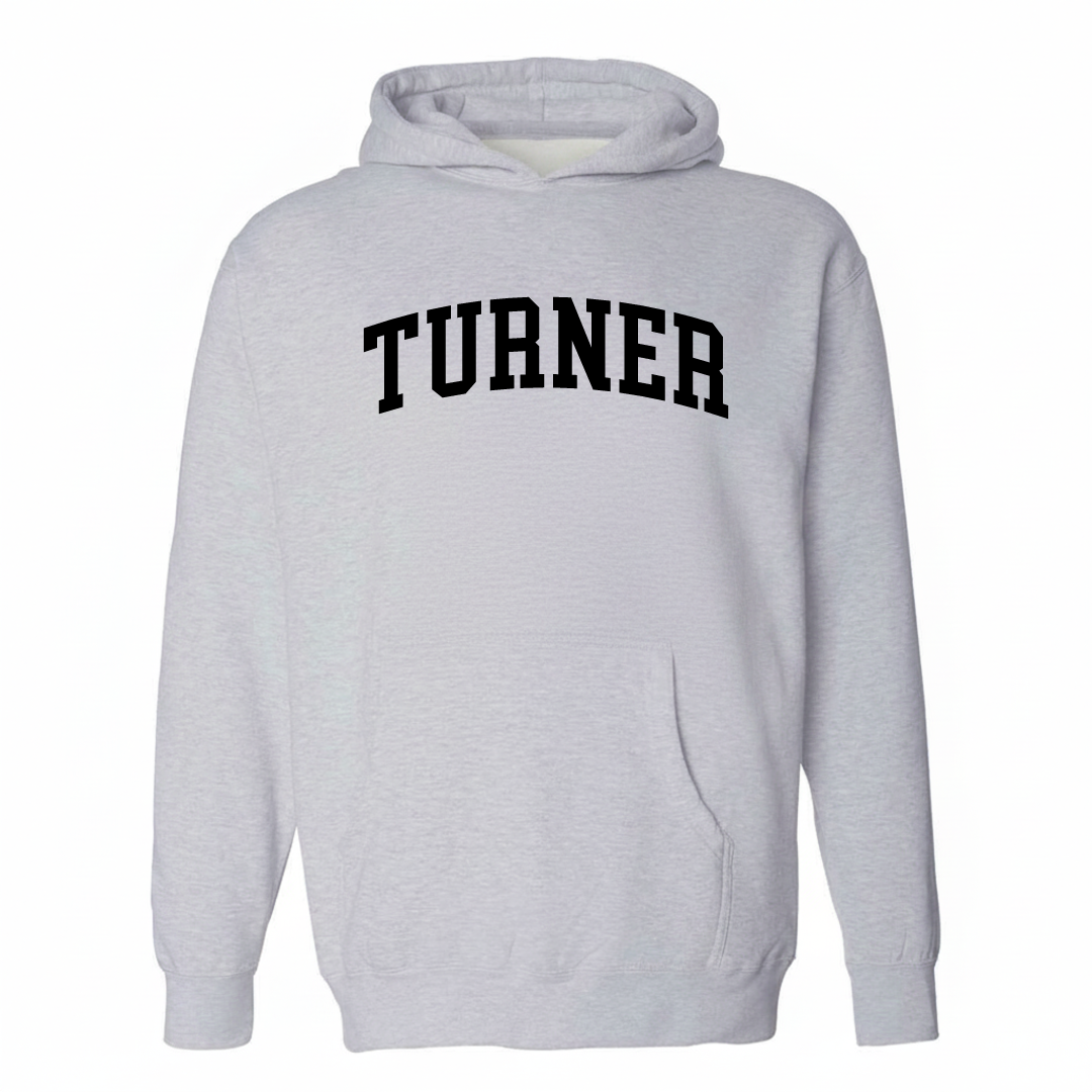 Heather-gray hoodie with the Turner, Salem OR arched varsity lettering design on the chest.