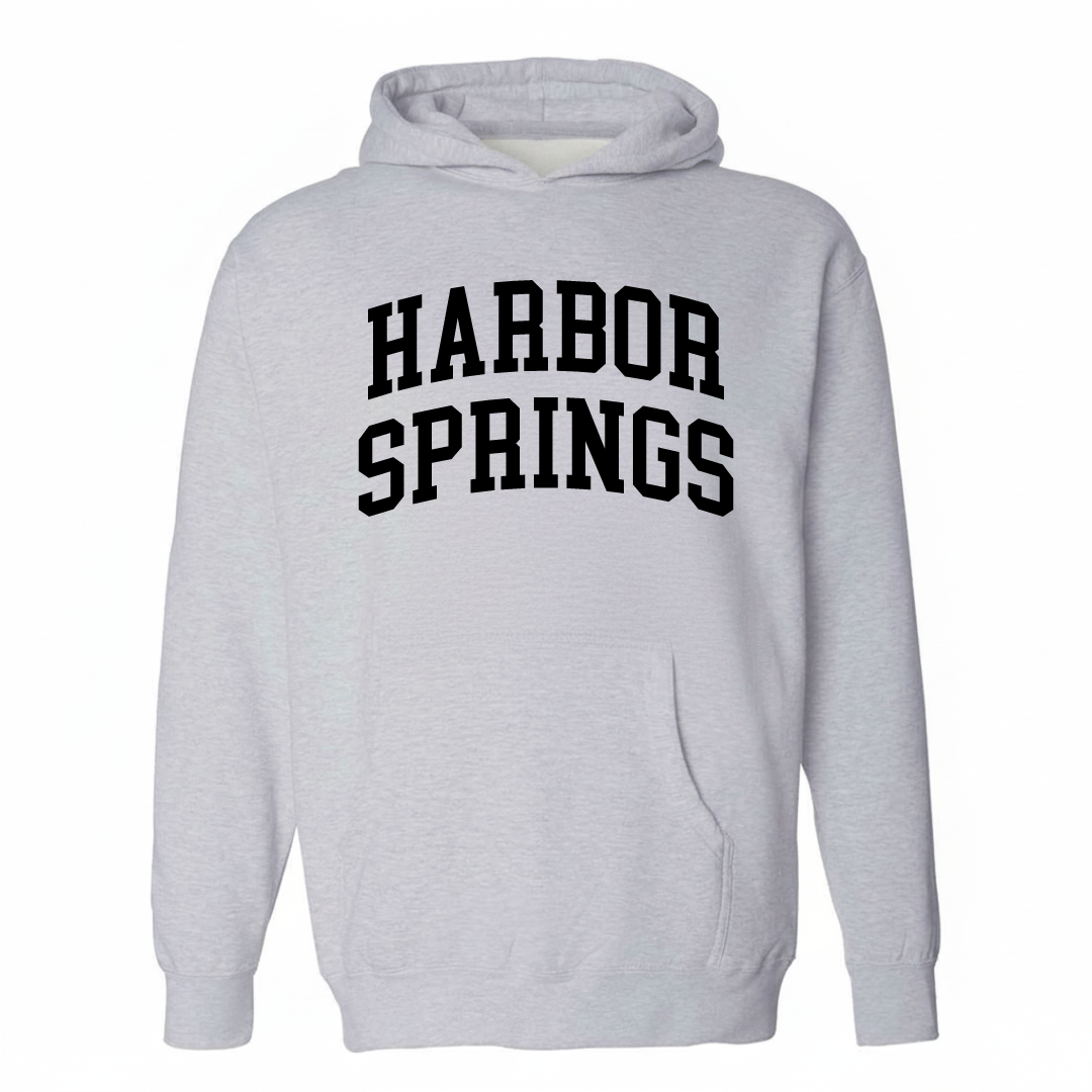 Heather-gray hoodie with the Harbor Springs varsity arched lettering design on the chest.