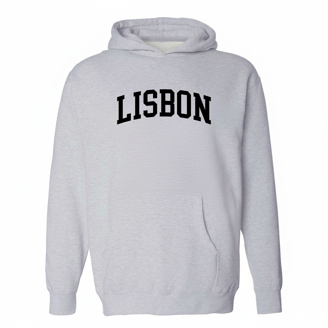 Heather-gray hoodie with the Lisbon varsity arched lettering design on the chest.