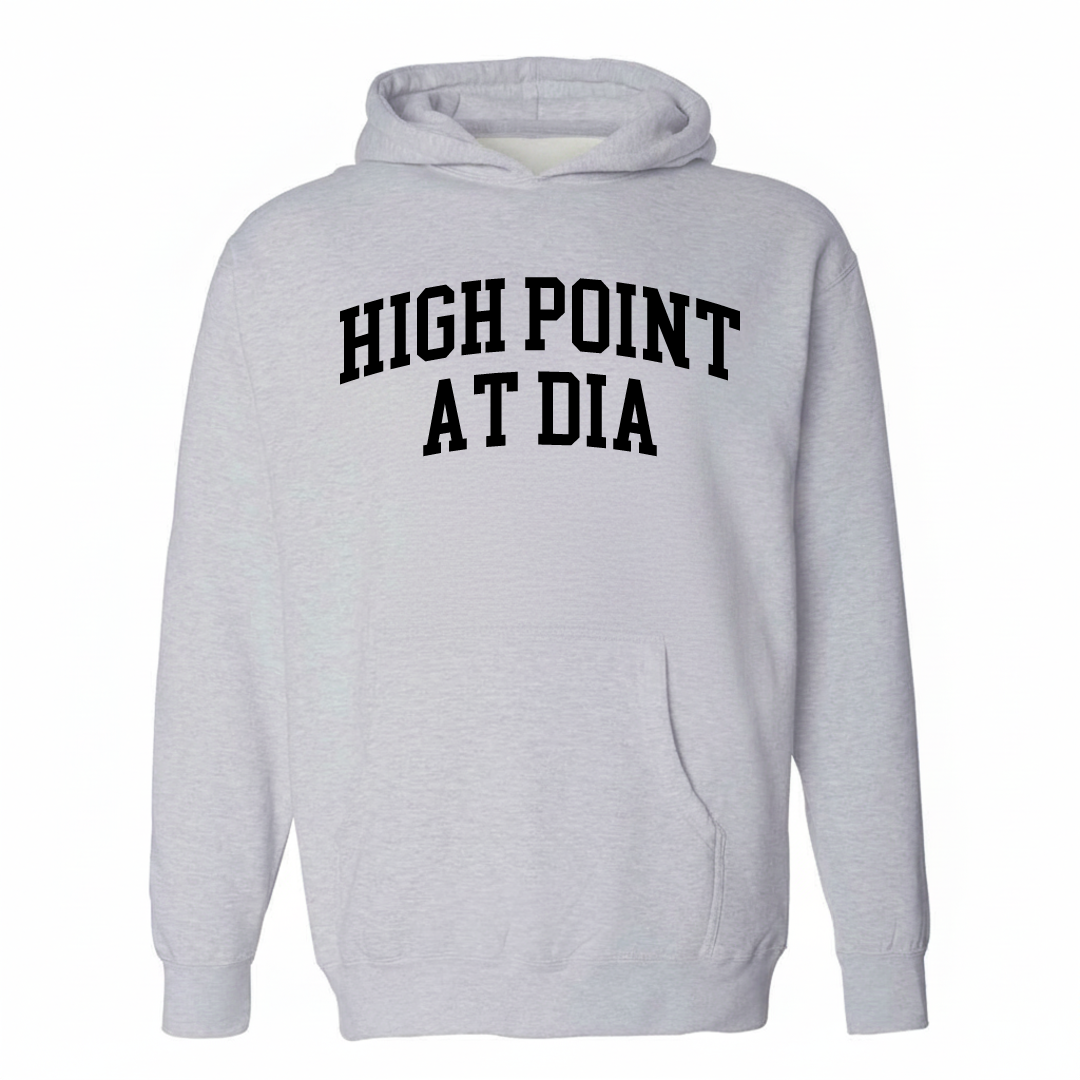 Heather-gray hoodie with the High Point at DIA varsity arched lettering design on the chest.