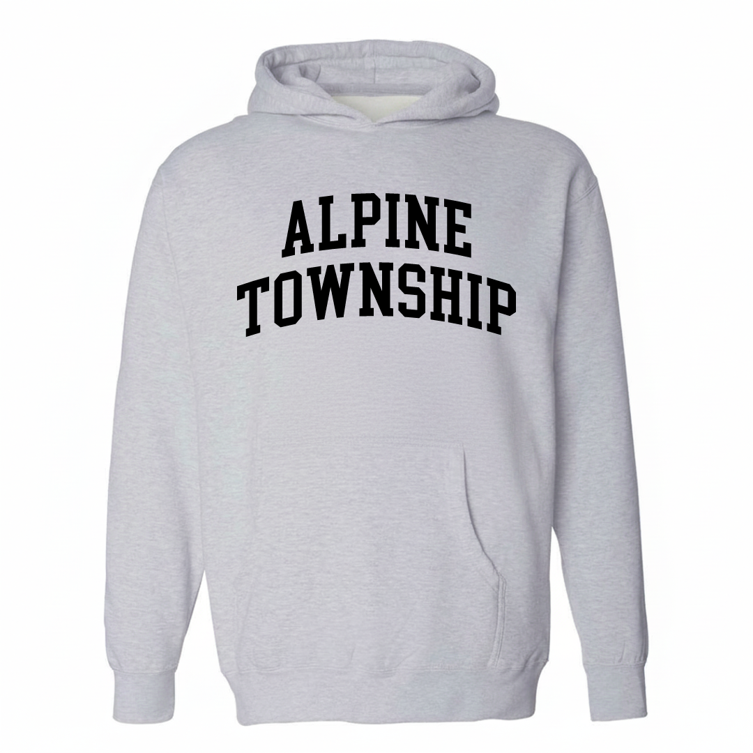 Heather-gray hoodie with the Alpine Township varsity arched lettering design on the chest.