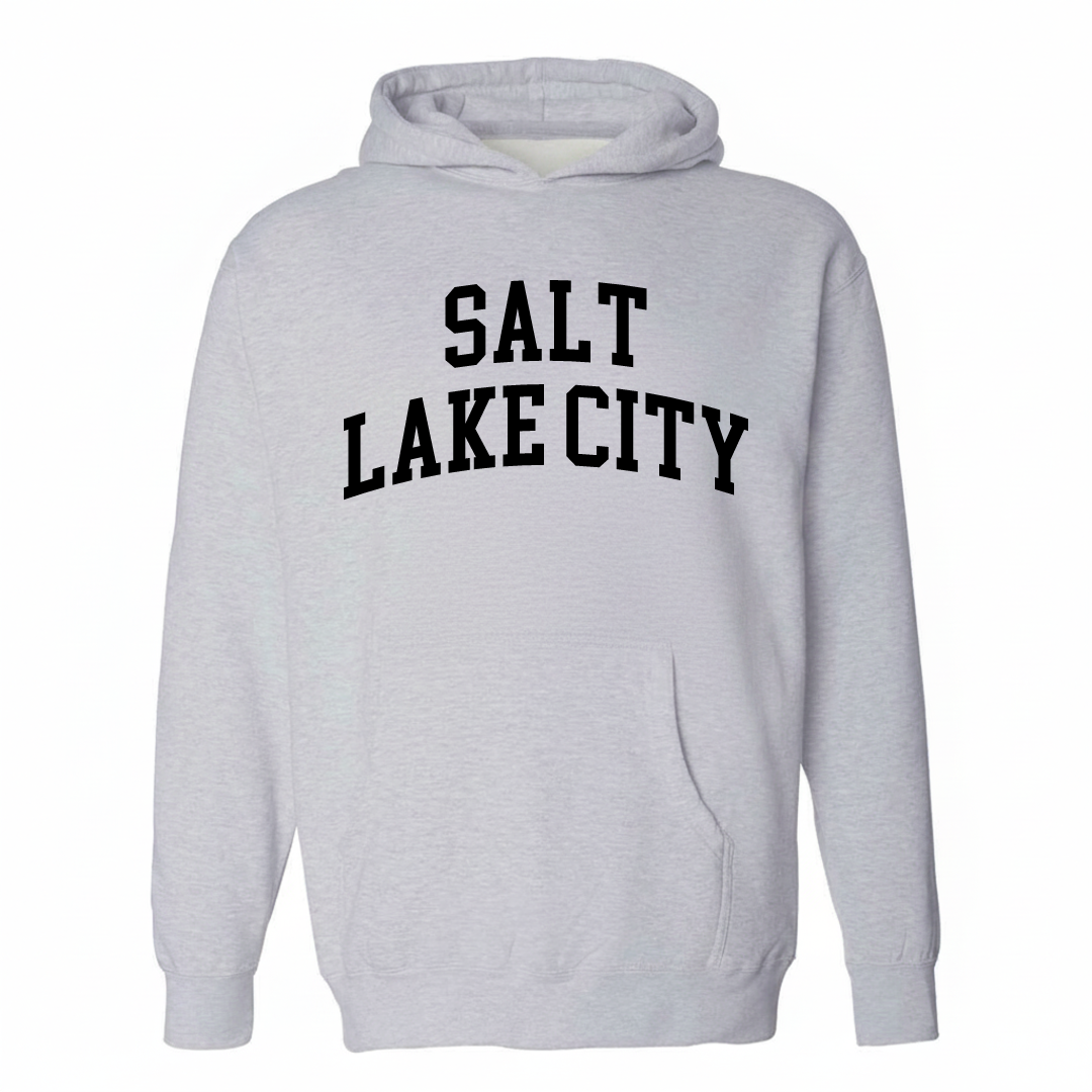 Heather-gray hoodie with the Salt Lake City varsity arched lettering design on the chest.