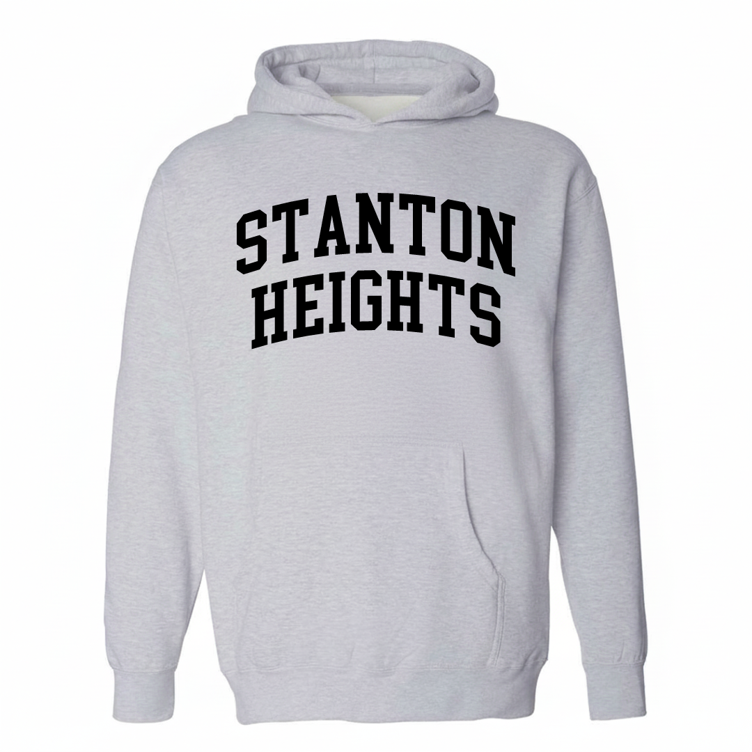 Heather-gray hoodie with the Stanton Heights varsity arched lettering design on the chest.
