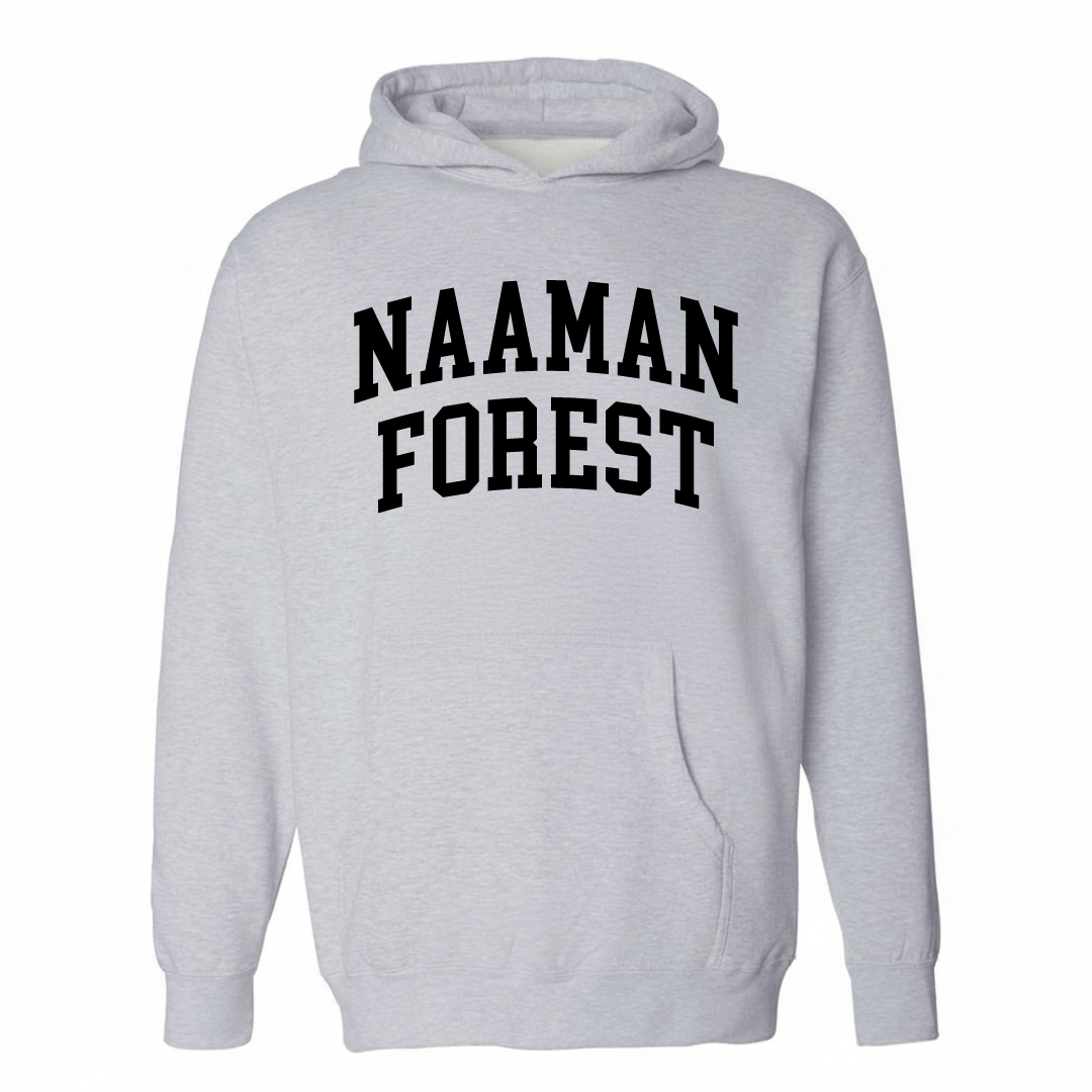 Heather-gray hoodie with the Naaman Forest varsity arched lettering design on the chest.
