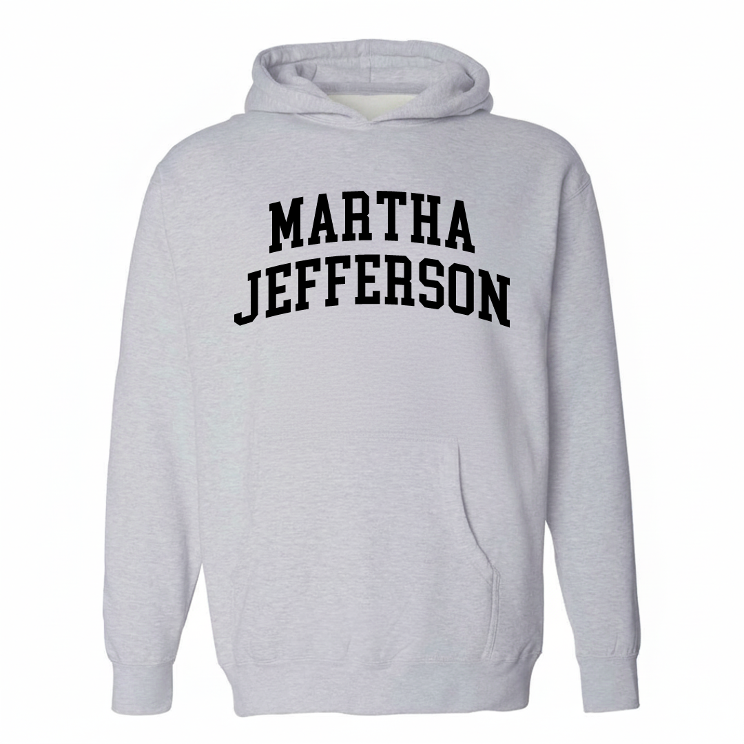 Heather-gray hoodie with the Martha Jefferson varsity arched lettering design on the chest.