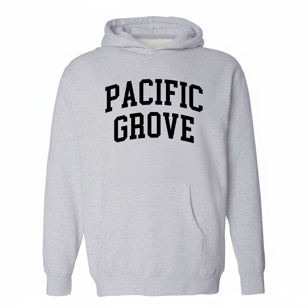 Heather-gray hoodie with the Pacific Grove arched lettering varsity-collegiate design on the chest.