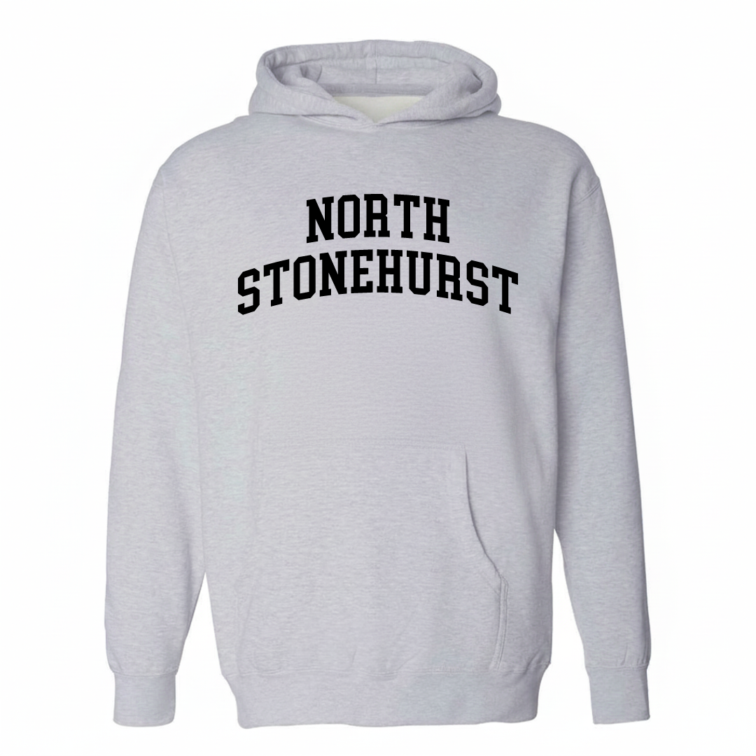 Heather-gray hoodie with the North Stonehurst arched lettering design on the chest.