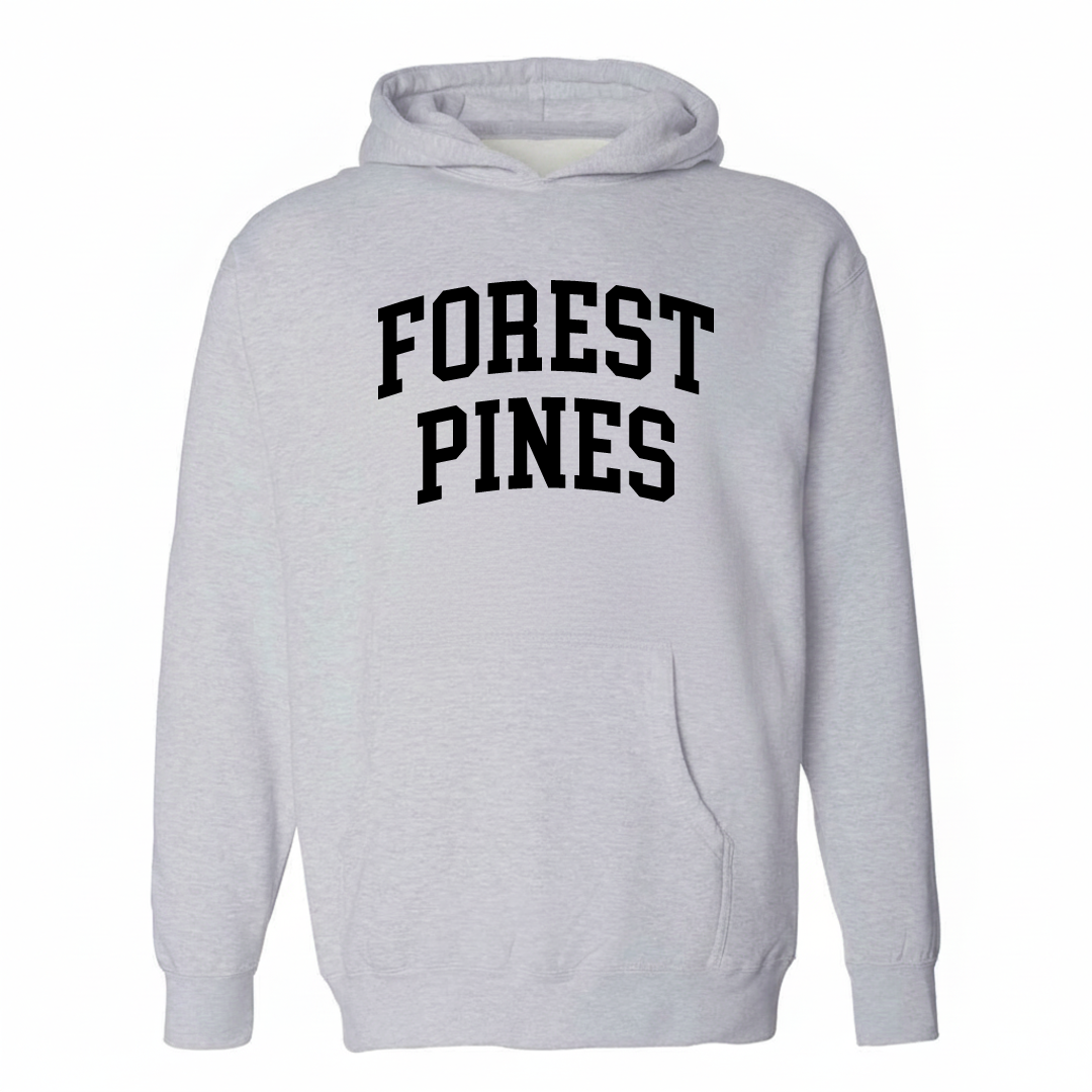 Heather-gray hoodie with the Forest Pines varsity arched lettering design on the chest.
