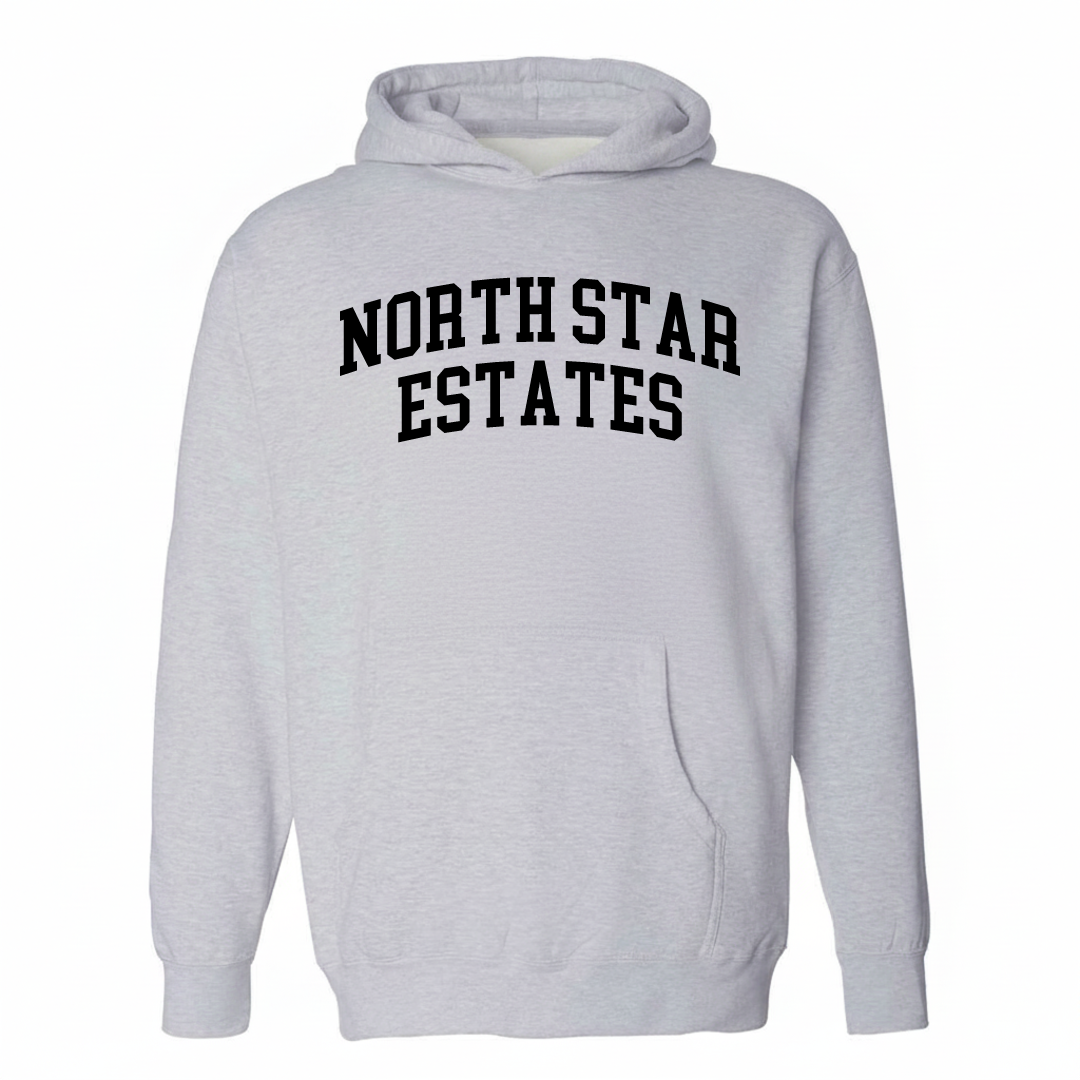 Heather-gray hoodie with the North Star Estates varsity arched lettering design on the chest.