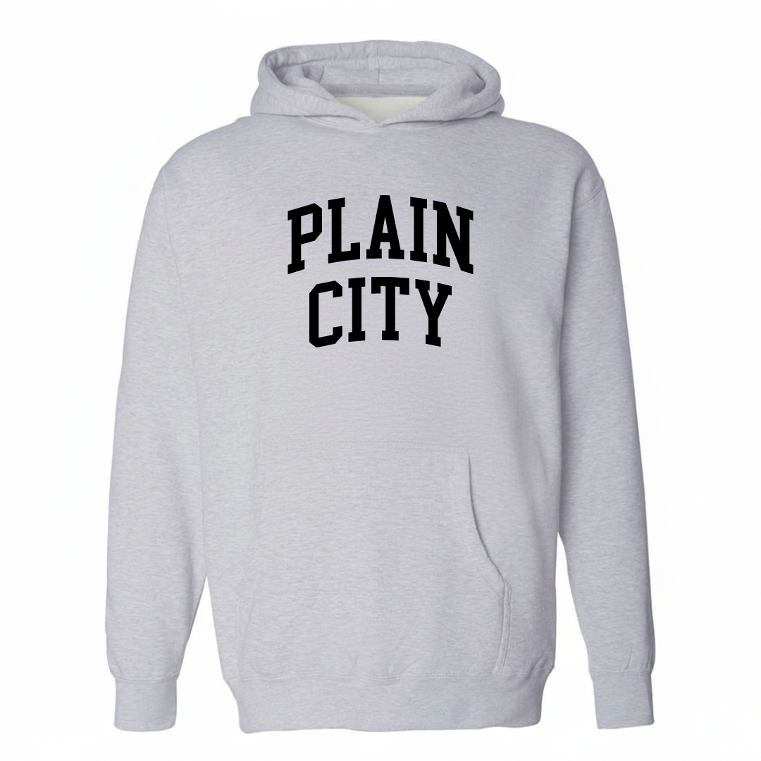 Heather-gray hoodie with the Plain City arched varsity lettering design on the chest.