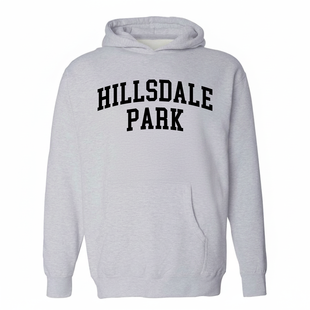 Heather-gray hoodie with the Hillsdale Park arched lettering design on the chest.
