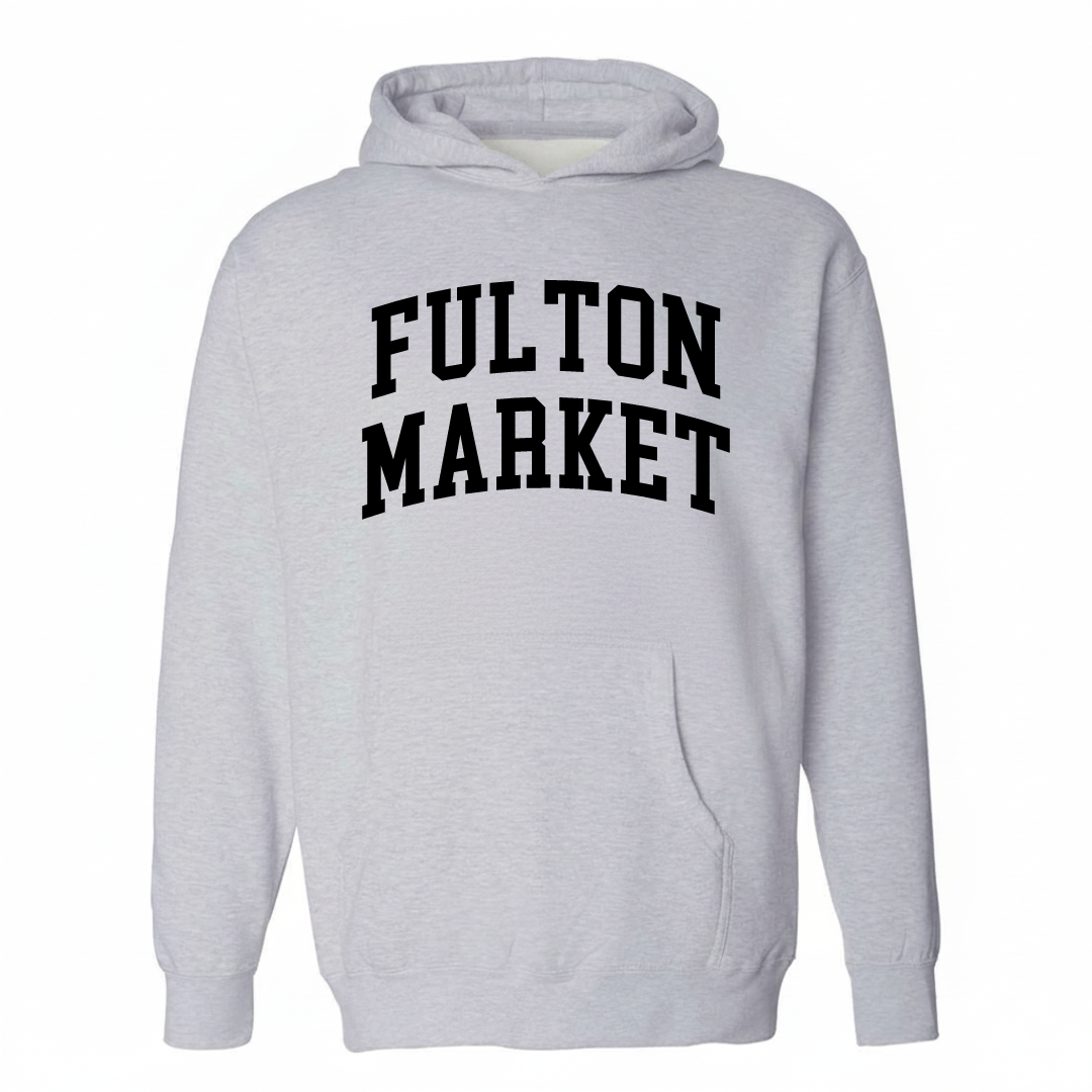 Heather-gray hoodie with the Fulton Market varsity arched lettering design on the chest.