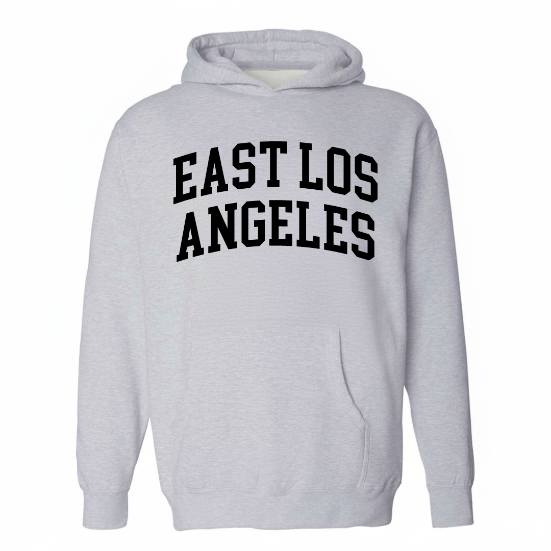 Heather-gray hoodie with the East Los Angeles varsity arched lettering design on the chest.
