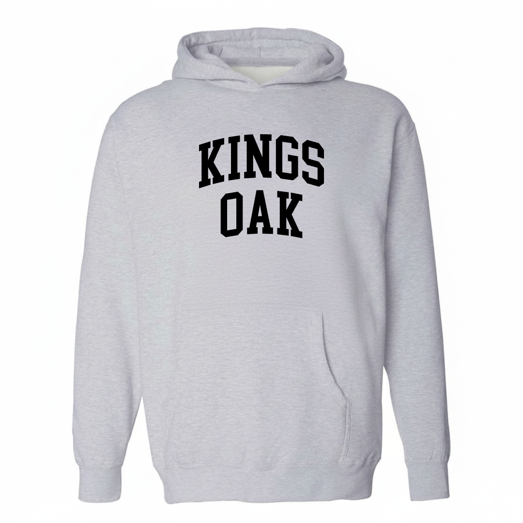 Heather-gray hoodie with the Kings Oak arched varsity lettering design on the chest.