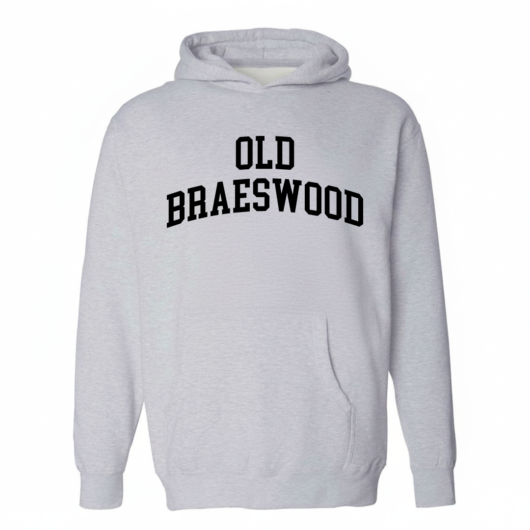 Heather-gray hoodie with the Old Braeswood varsity arched lettering design on the chest.