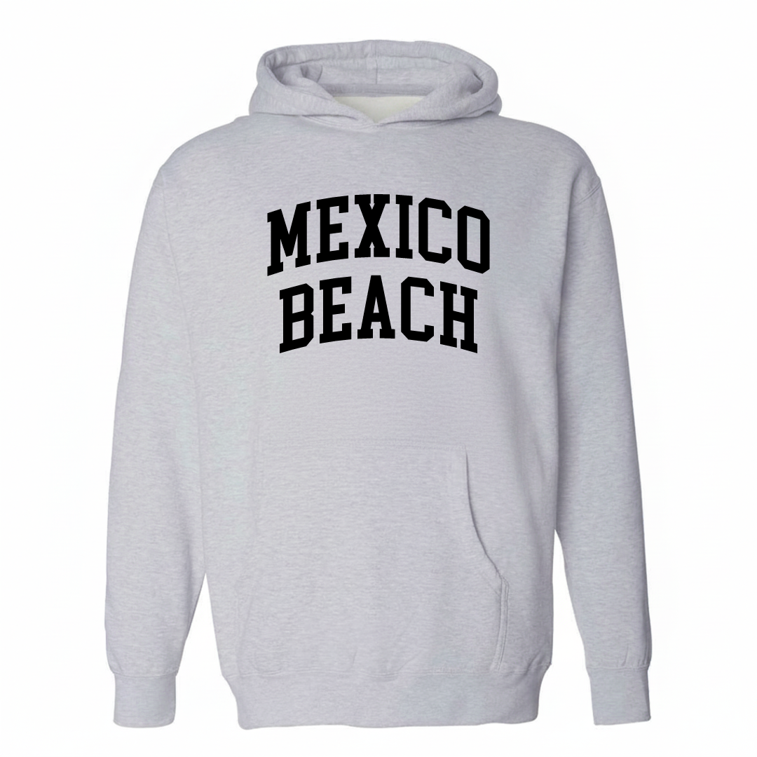 Heather-gray hoodie with the Mexico Beach varsity arched lettering design on the chest.