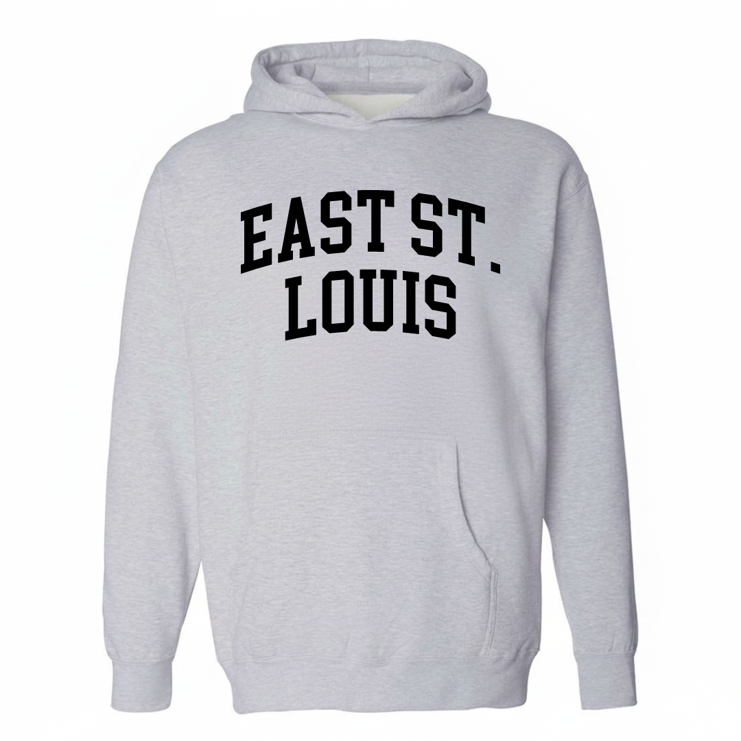 Heather-gray hoodie with the East St. Louis varsity arched lettering design on the chest.