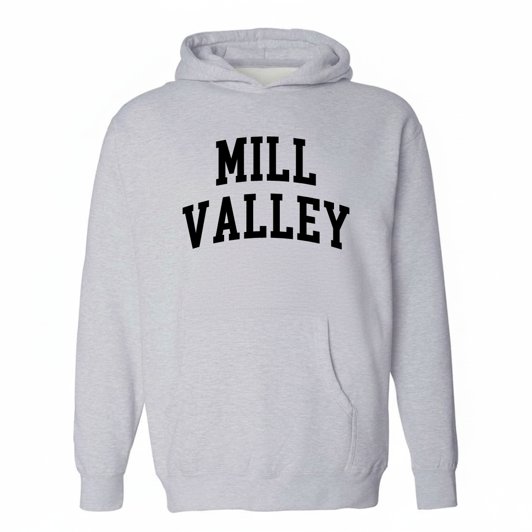 Heather-gray hoodie with the Mill Valley arched lettering varsity-collegiate design on the chest.