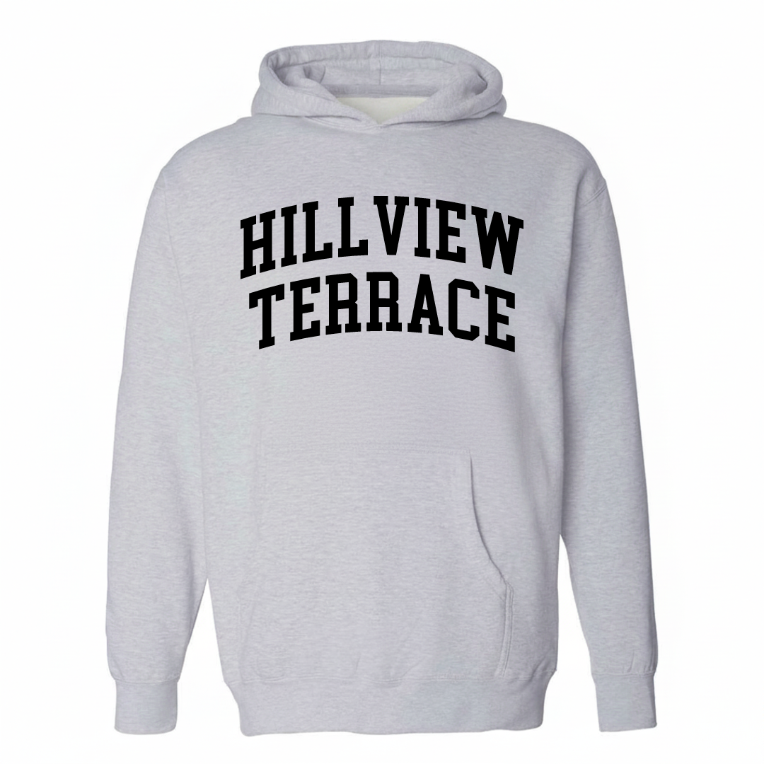 Heather-gray hoodie with the Hillview Terrace varsity arched lettering design on the chest.