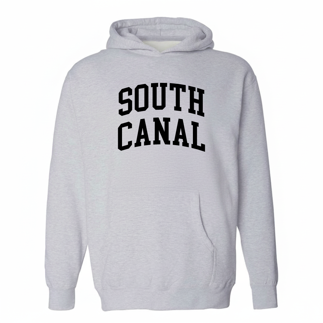 Heather-gray hoodie with the South Canal arched lettering varsity-collegiate design on the chest.