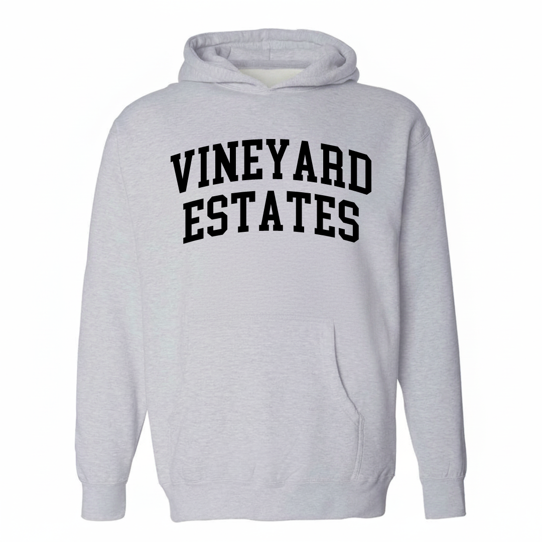 Heather-gray hoodie with the Vineyard Estates varsity arched lettering design on the chest.