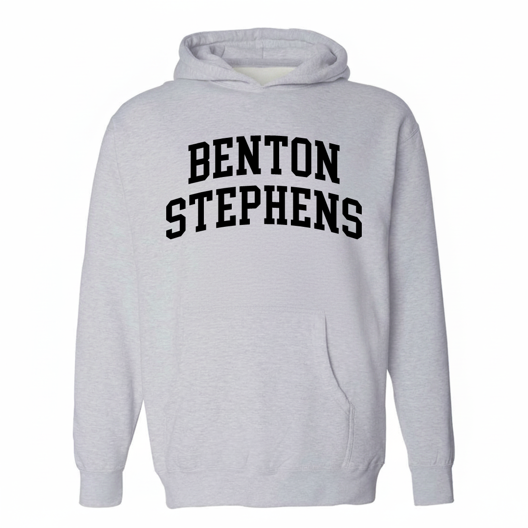 Heather-gray hoodie with the Benton-Stephens arched lettering varsity-collegiate design on the chest.