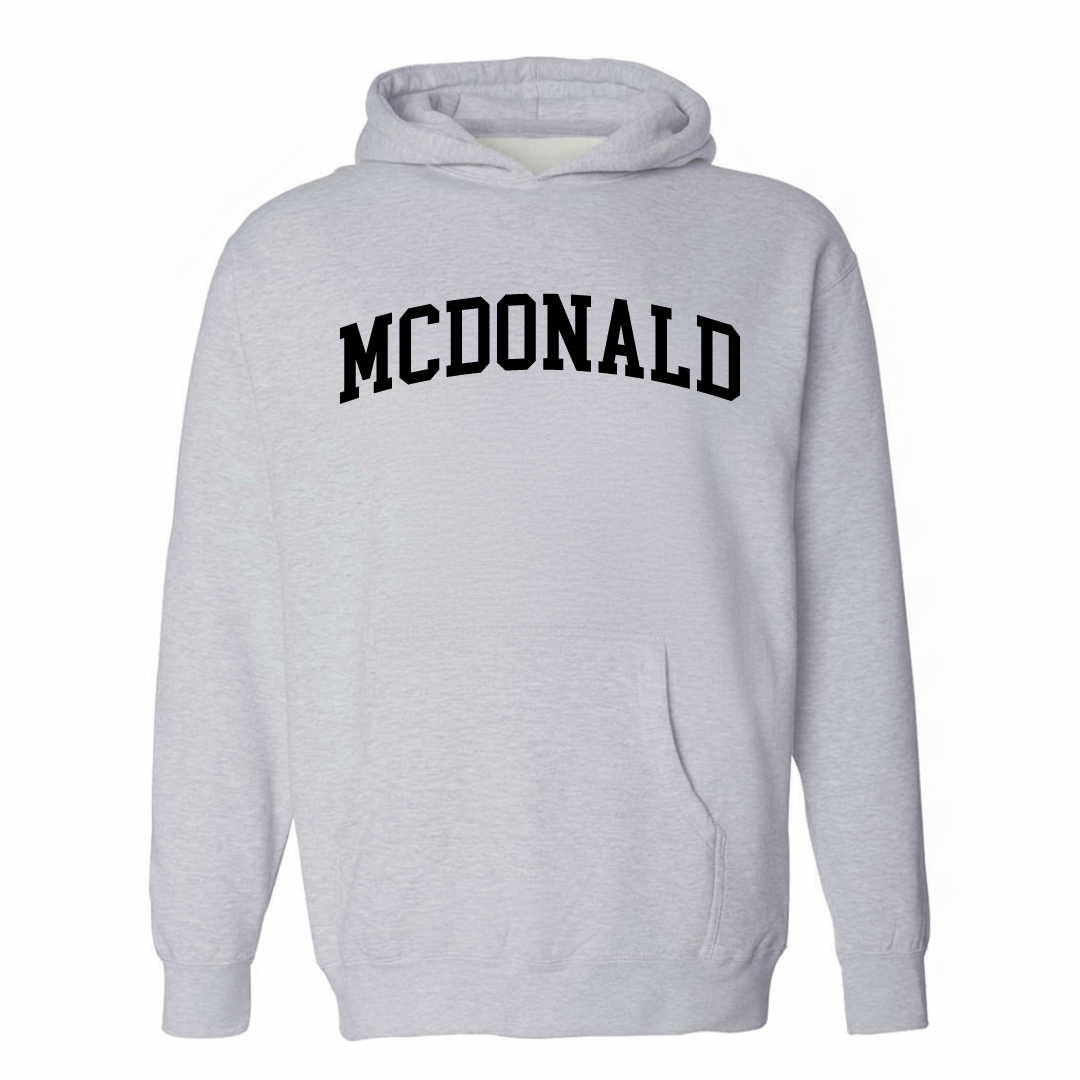 Heather-gray hoodie with the McDonald Borough varsity arched lettering design on the chest.