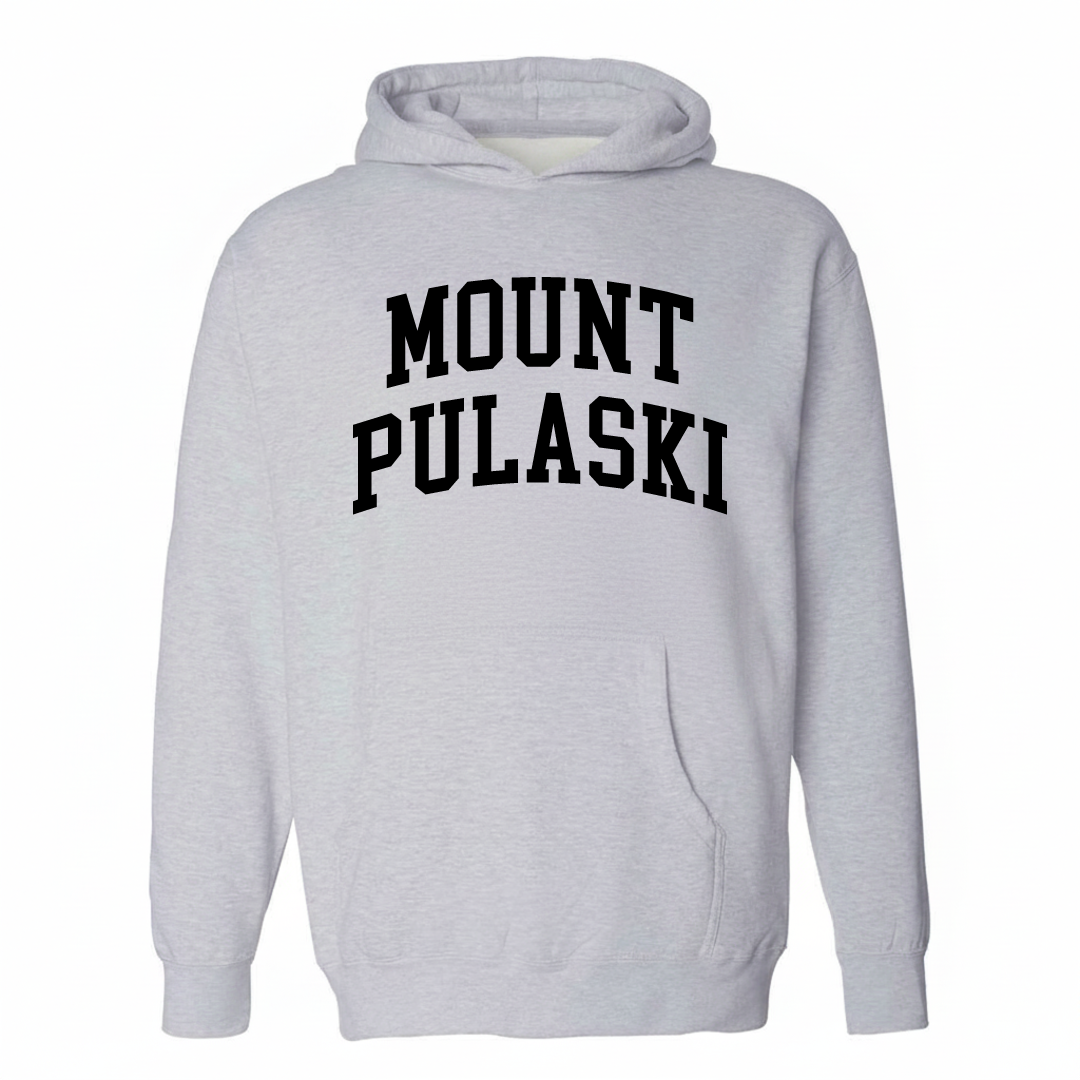 Heather-gray hoodie with the Mount Pulaski varsity arched lettering design on the chest.